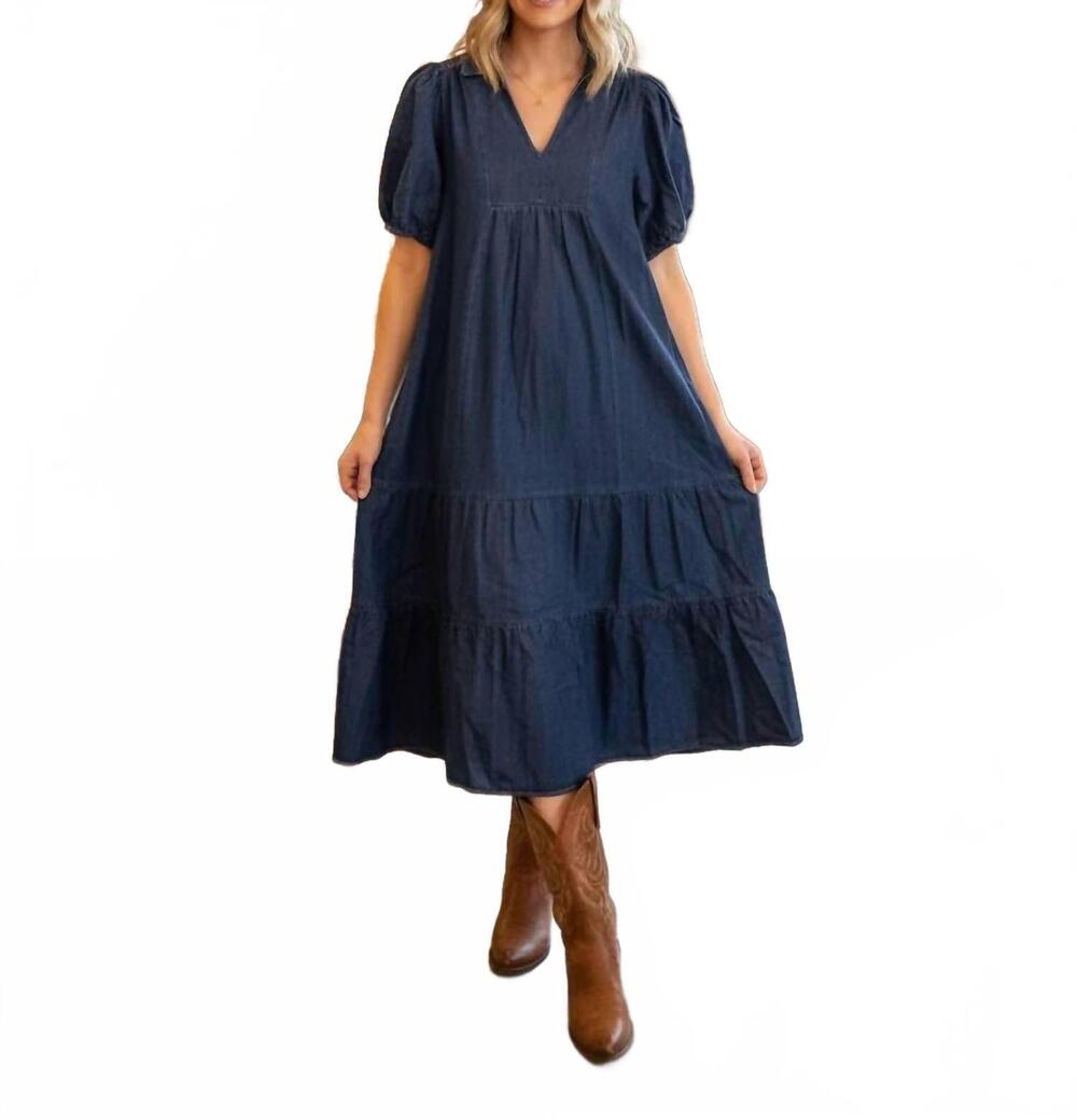 NEW UMGEE women's collared v neck tiered midi dress in denim